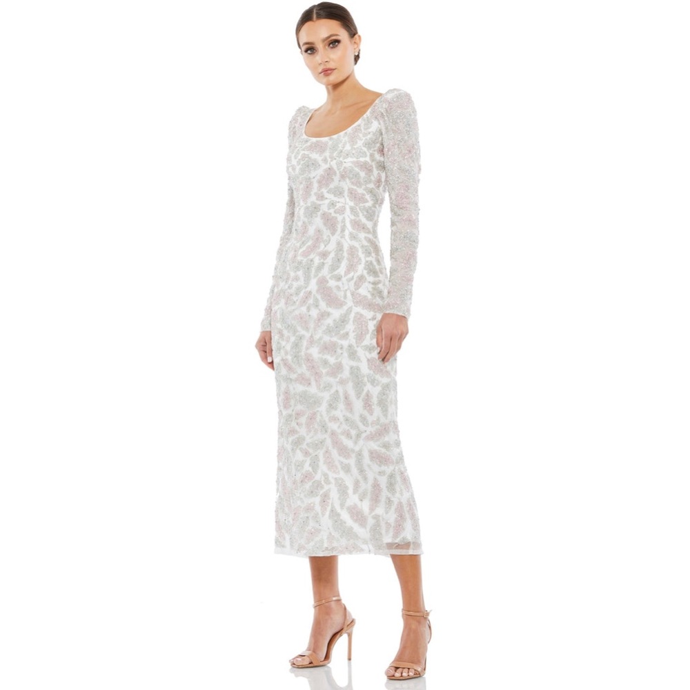 MAC DUGGAL Foliage embellished midi ivory sheath dress 14 NWT